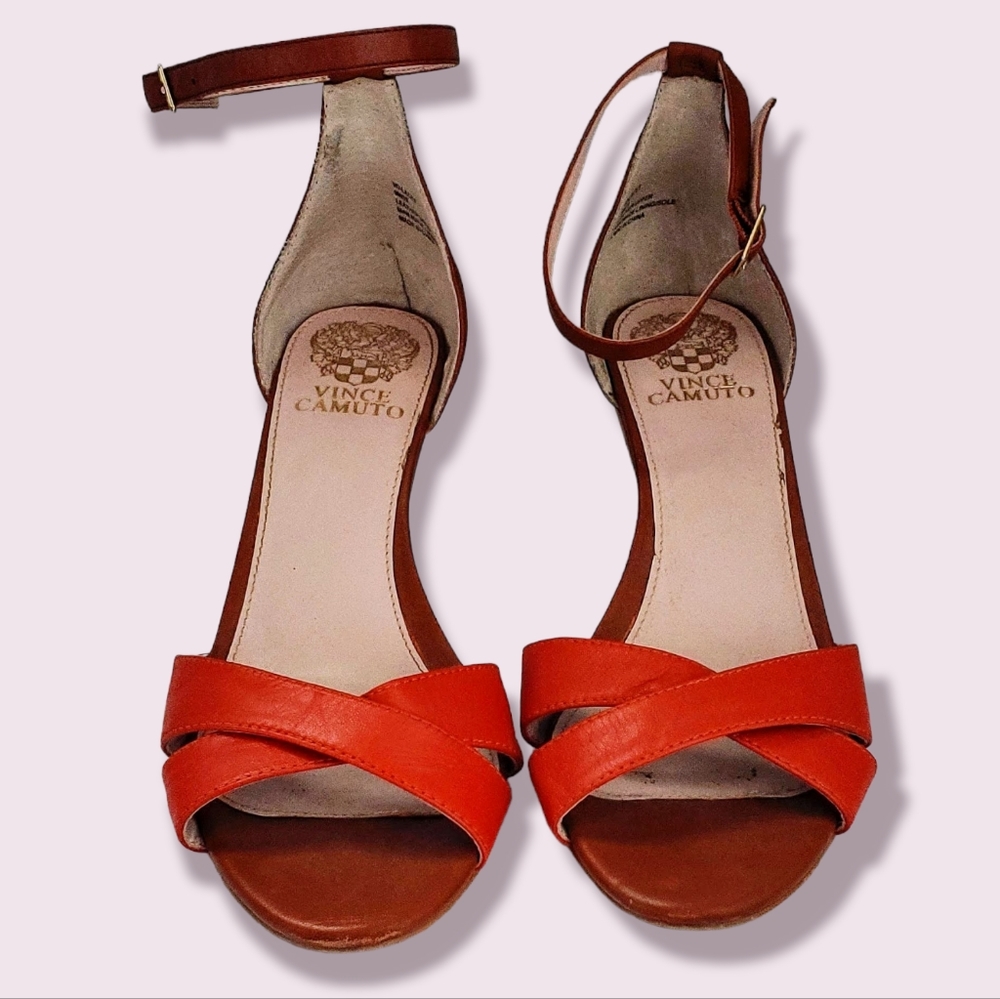 Vince Camuto Orange/Saddle Leather Wedge Ankle Strap Shoes